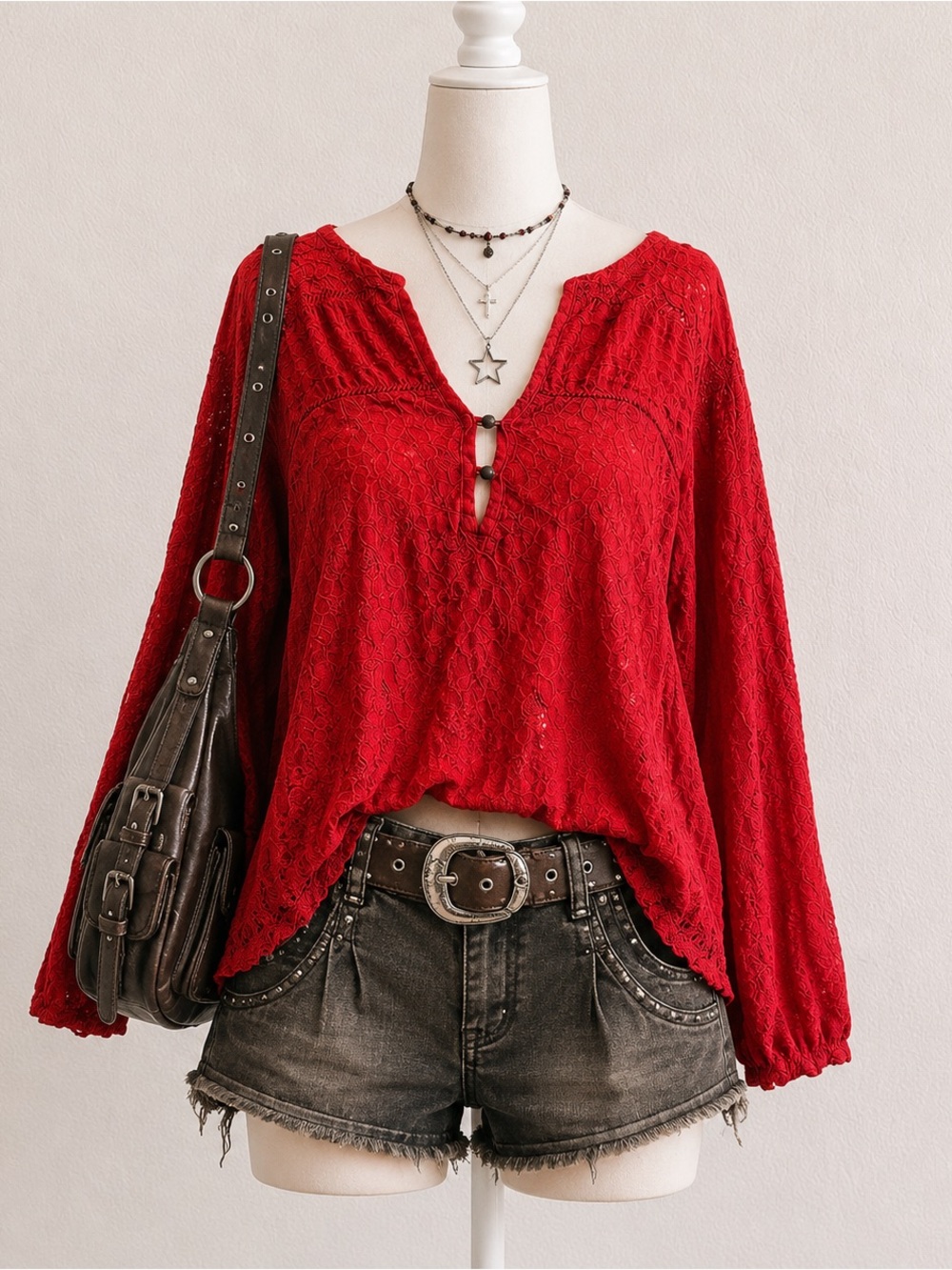 Lucky Brand Red Lace V-Neck Long Sleeve Blouse